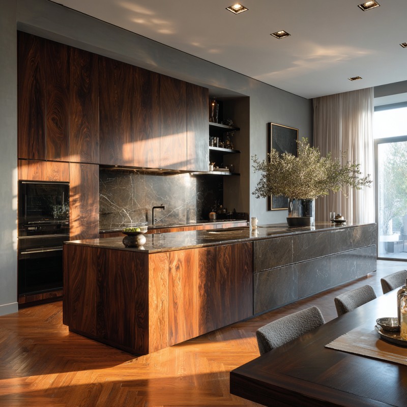 Armoires de cuisine minimalistes en placage de bois